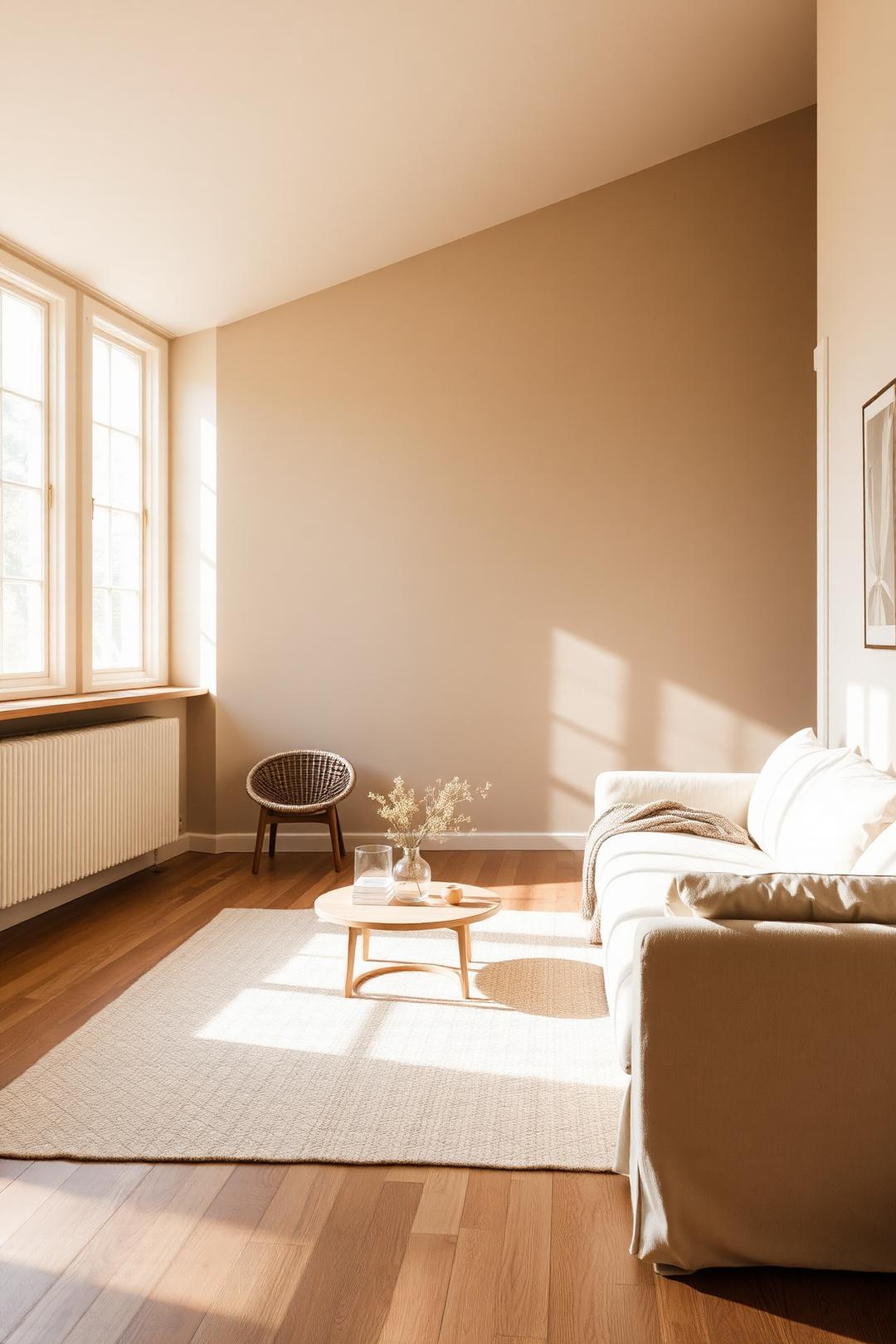 A sun-drenched minimalist living room with plaster walls, oak flooring, and a linen sofa